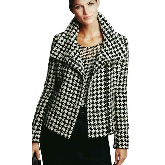 Talbots Black White Wool Blend Houndstooth Moto Style Zip Closure Jacket Size 8 - Picture 1 of 6